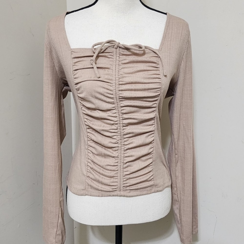 y2k ECLAIR size XL Square‎ Neck Long Sleeve Front Tie Ruching Top Cropped Khaki